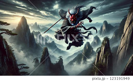 天空を舞う赤い天狗 123191949