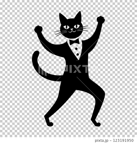 タキシードスーツを身に着けてコミカルなダンスを踊っている黒猫のシルエットイラスト　透過背 123191950