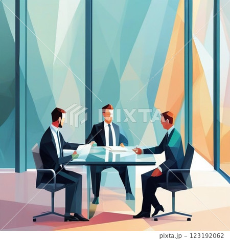 スーツを着た男性陣が部屋に集まり会議 123192062