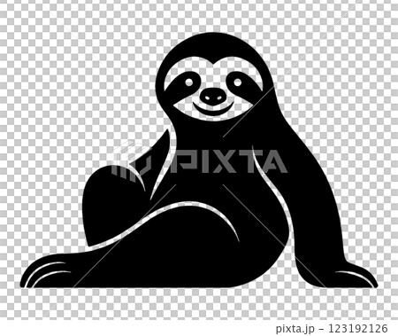 Black silhouette illustration of a sloth in sitting pose, cut out on transparent background 123192126