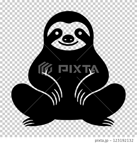 Black silhouette illustration of a sloth in sitting pose, cut out on transparent background 123192132