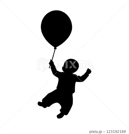 風船を持って空宙に浮いている産まれたばかりの赤ちゃんの黒いシルエットイラスト　透過背景の切り抜き 123192189