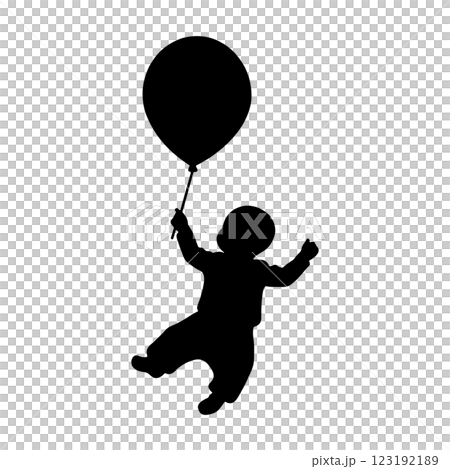 風船を持って空宙に浮いている産まれたばかりの赤ちゃんの黒いシルエットイラスト　透過背景の切り抜き 123192189