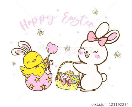 Pastel Coquette Easter Bunny and baby chicken  with a basket of eggs, Cute Festive Happy Easter Hand Drawn Greeting Card Illustration. 123192284