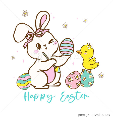 Pastel Coquette Easter Bunny painting eggs with baby chicken, Cute Festive Happy Easter Hand Drawn Greeting Card Illustration. 123192285
