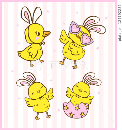 Pastel Coquette Happy Easter baby Chicken set, Cute Cartoon Hand Drawn greeting card Illustration 123192286