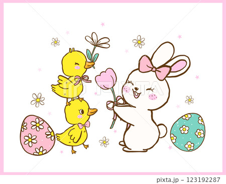 Pastel Coquette Happy Easter Bunny and baby Chicken, Cute Cartoon Hand Drawn greeting card Illustration 123192287
