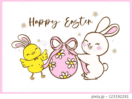 Pastel Coquette Spring Easter Bunny and baby chicken with Egg, Cute Festive Happy Easter Hand Drawn Greeting Card Illustration. 123192291