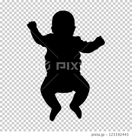仰向けに寝ている赤ちゃんの黒いシルエットイラスト　透過背景の切り抜き 123192443