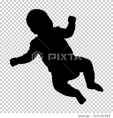 仰向けに寝ている赤ちゃんの黒いシルエットイラスト　透過背景の切り抜き 123192444