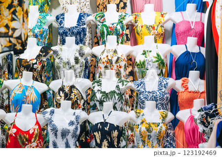 female summer dresses on mannequins on market in Asia shop female summer dresses on mannequins on market in Asia shop 123192469
