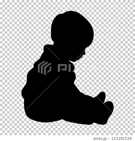 ひとりぼっちで寂しそうに座っている子ども・男の子の黒いシルエットイラスト　透過背景の切り抜き 123192529