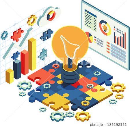 Isometric Lightbulb and Puzzle Pieces Symbolizing Creative Solution 123192531