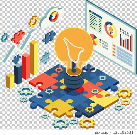 Isometric Lightbulb and Puzzle Pieces Symbolizing Creative Solution 123192531