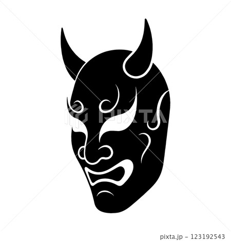 怖い鬼のお面の黒いシルエットイラスト　透過背景の切り抜き 123192543