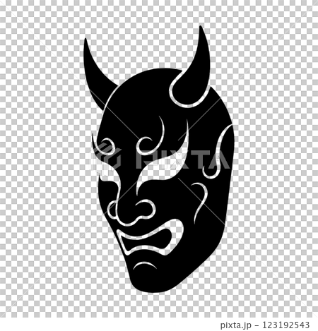 怖い鬼のお面の黒いシルエットイラスト　透過背景の切り抜き 123192543