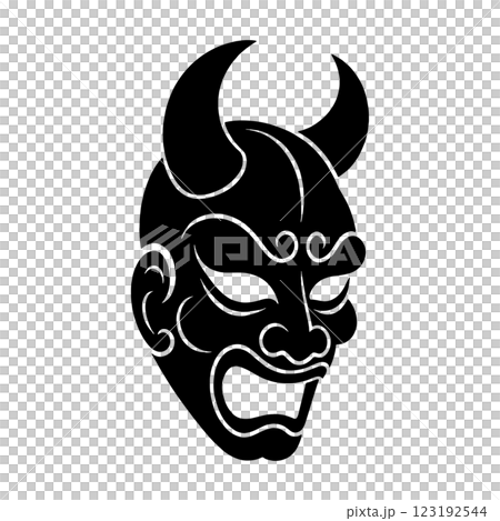 Black silhouette illustration of a scary demon mask, cut out on transparent background 123192544