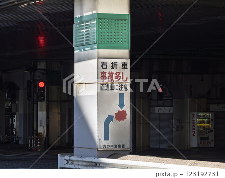 交差点内での右直事故防止を注意喚起する看板 123192731