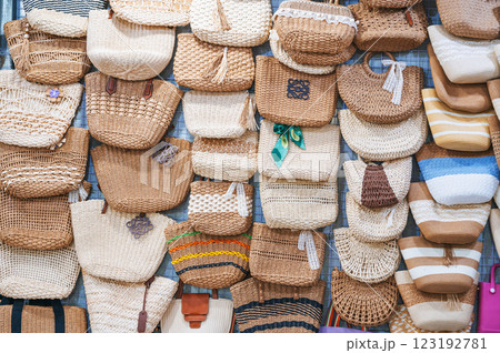 woven women's bags on counter in Asian market in Vietnam 123192781