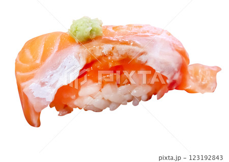 Top view of Japanese fresh salmon sushi with Japanese rice topping with wasabi, focus selective Top view of Japanese fresh salmon sushi with Japanese rice topping with wasabi, focus selective 123192843