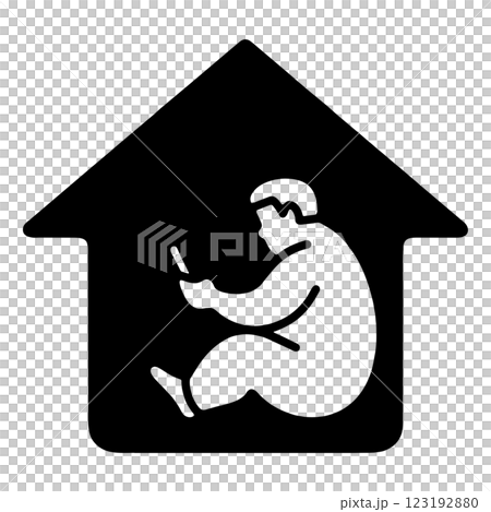Black silhouette illustration of a fat shut-in man looking at a computer screen at home. Cutout on transparent background 123192880
