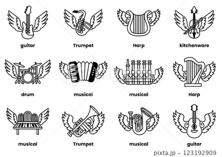 Set of winged musical instruments illustrations in line art style 123192909