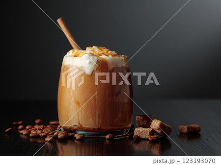 Iced coffee with whipped cream and caramel sauce. 123193070