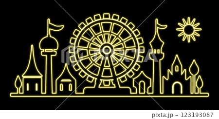 観覧車とメルヘンな城のある遊園地の黄色のネオン風の線画イラスト 黒背景の切り抜き 観覧車とメルヘンな城のある遊園地の黄色のネオン風の線画イラスト 黒背景の切り抜き 123193087