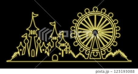 観覧車とメルヘンな城のある遊園地の黄色のネオン風の線画イラスト　黒背景の切り抜き 123193088