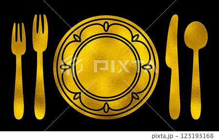 皿とカトラリーのフレンチコースのテーブルセッティングのゴールドのシルエットイラスト 黒背景の切り抜き 皿とカトラリーのフレンチコースのテーブルセッティングのゴールドのシルエットイラスト 黒背景の切り抜き 123193168