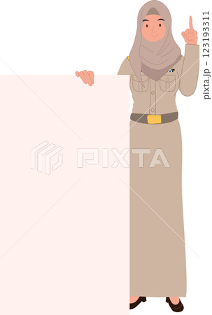 thai muslim female teacher in government uniform holding blank sign, empty announcement board 123193311
