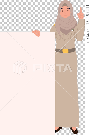 thai muslim female teacher in government uniform holding blank sign, empty announcement board 123193311