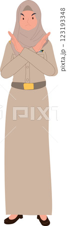 female thai muslim teacher in government uniform making stop hand gesture. with stop hand symbol female thai muslim teacher in government uniform making stop hand gesture. with stop hand symbol 123193348