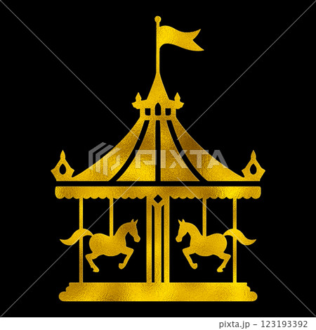 メリーゴーランドのゴールドのシルエットイラスト　黒背景の切り抜き 123193392