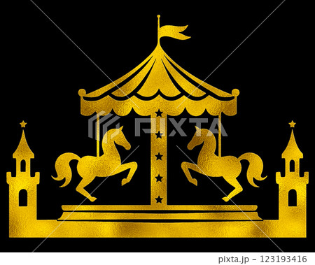 メリーゴーランドのゴールドのシルエットイラスト　黒背景の切り抜き 123193416