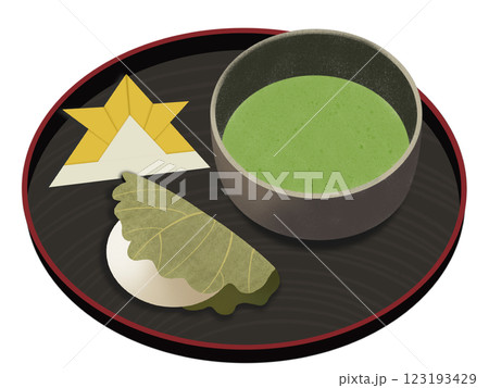 折り紙の兜と柏餅と抹茶 123193429