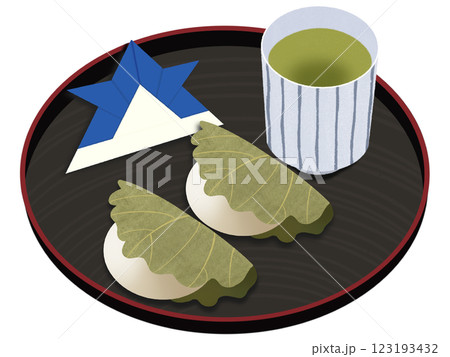 折り紙の兜と柏餅とお茶 123193432