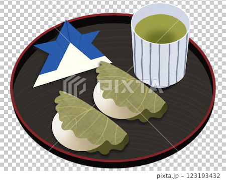 折り紙の兜と柏餅とお茶 123193432
