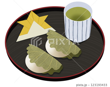 折り紙の兜と柏餅とお茶 123193433