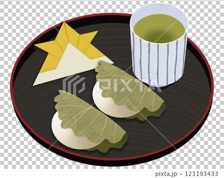 折り紙の兜と柏餅とお茶 123193433