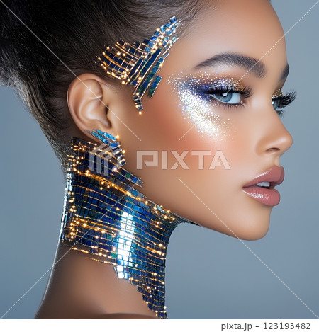 西洋人特殊ヘアメイクスタイルの妖艶で力強い美人女性を生成AIで表現（スクエア写真） 123193482