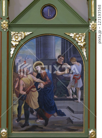 1st Stations of the Cross, Jesus is condemned to death, church of Saint Matthew in Stitar, Croatia 123193568
