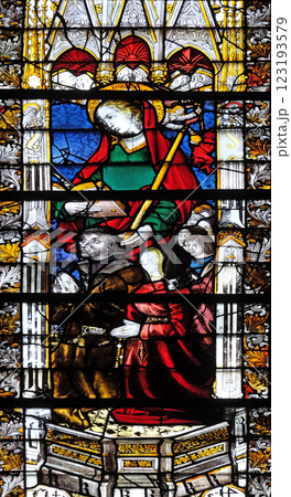 Saint Genevieve, stained glass window in Saint Severin church in Paris 123193579