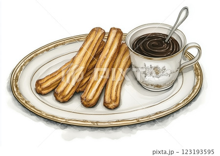 Cup of hot chocolate and churros with sugar 123193595
