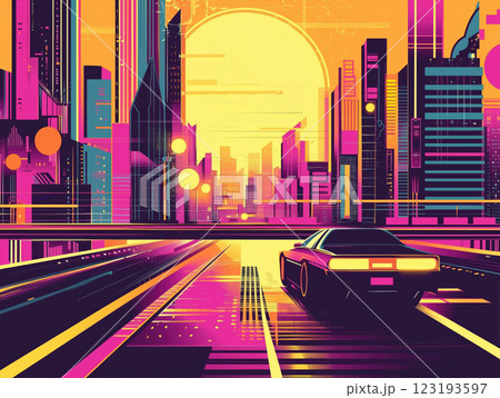 Cityscape with skyscrapers and sun in retro style. 123193597