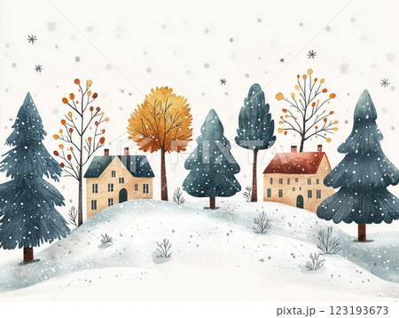Winter landscape with cozy houses and snow-covered trees 123193673