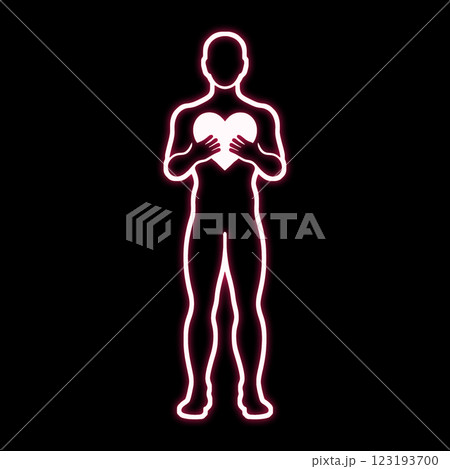 ハートを持っている男性のピンク色のネオン風の線画イラスト 黒背景の切り抜き ハートを持っている男性のピンク色のネオン風の線画イラスト 黒背景の切り抜き 123193700