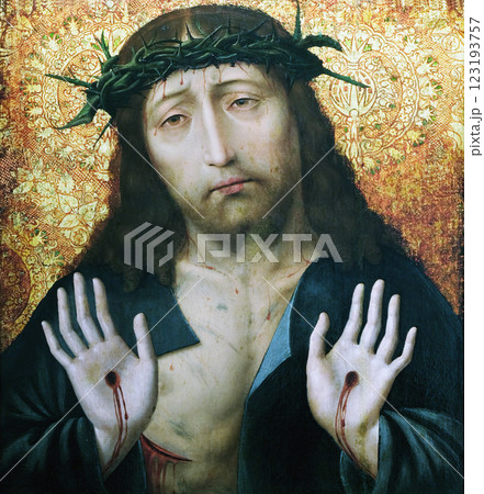 Man of Sorrows, Circle of Aelbert Bouts, oil on wood, 16 century, the Passion in Art from Mimara Museum in Zagreb, Croatia Man of Sorrows, Circle of Aelbert Bouts, oil on wood, 16 century, the Passion in Art from Mimara Museum in Zagreb, Croatia 123193757