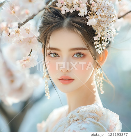 妖精の様な特殊ヘアメイクスタイルの可愛い美人女性を生成AIで表現（スクエア写真） 123193877