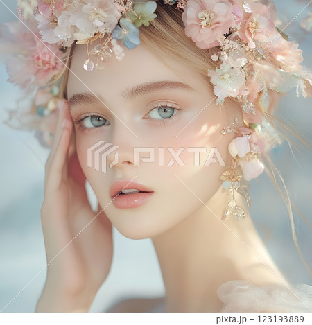 妖精の様な特殊ヘアメイクスタイルの可愛い美人女性を生成AIで表現（スクエア写真） 123193889